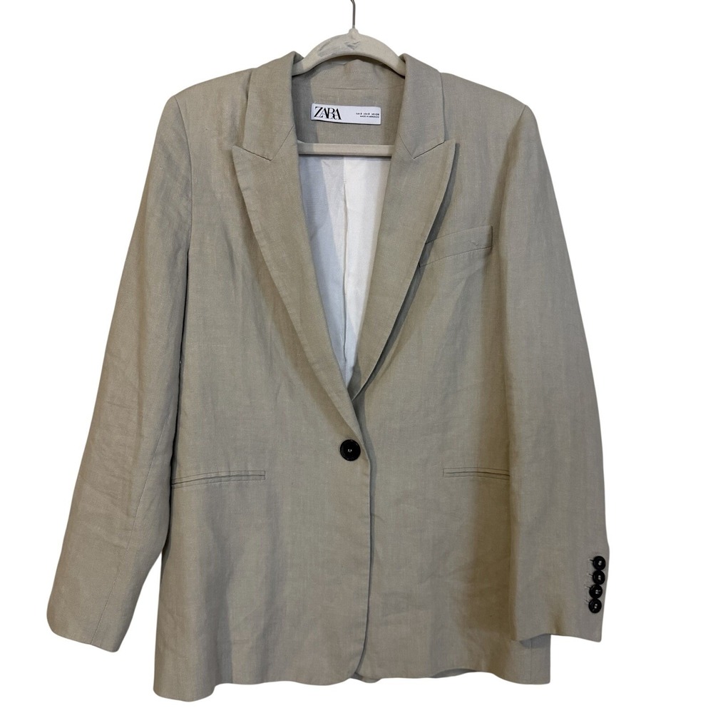 Zara Linen Single Button Blazer Jacket Sz S Oatmeal Beige Tan Casual Boss Girl